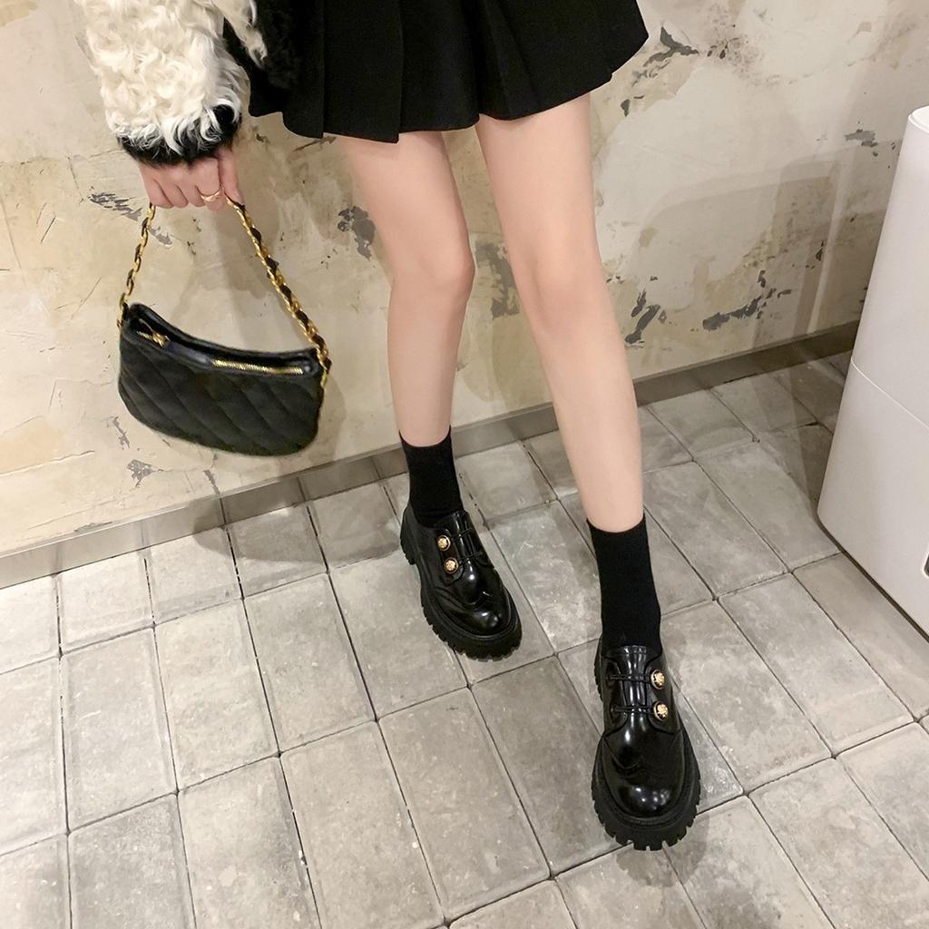 Cowhide version~ leather engraved gold buckle thick heel thick sole Brock small leather shoes for women