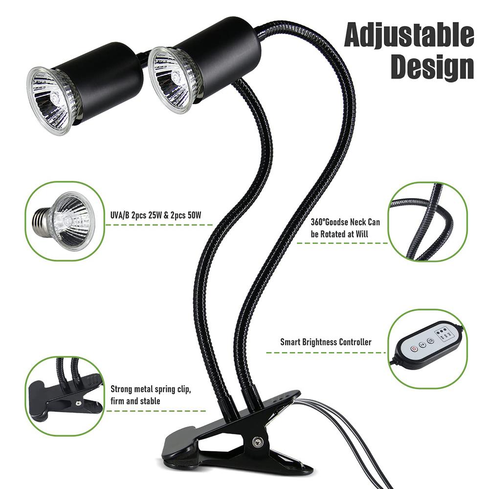 Reptile Heat Lamp Rotating Double-Head Reptile Light Bracket UVA/UVB Heating Lamp Bulb 25W/50W/75W