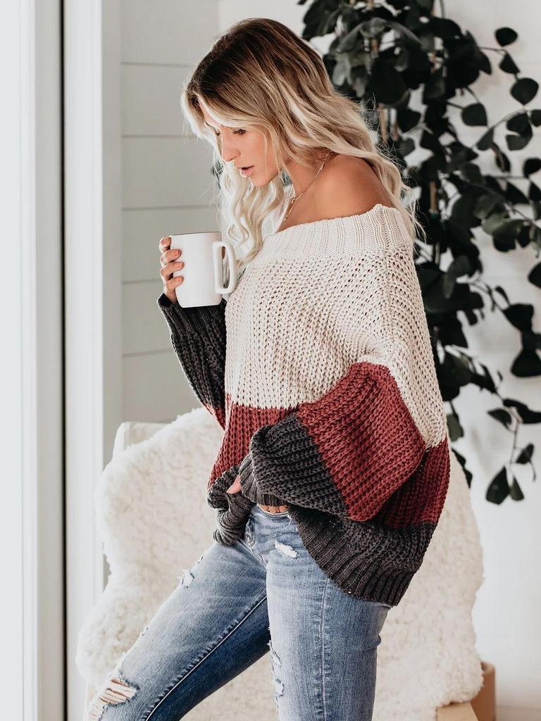 Women's Autumn Winter Knit Set Sweater Loose Patchwork Color One-Shoulder Crewneck Pullover