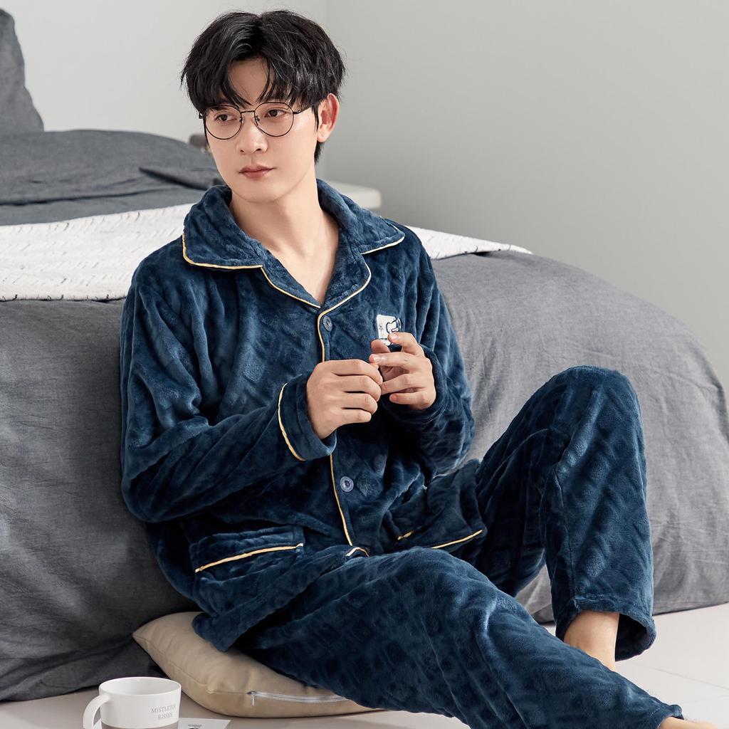 Men's Autumn/Winter Flannel Lapel Pajamas - New Arrival, Plus Velvet, Thickened Coral Fleece Homewear