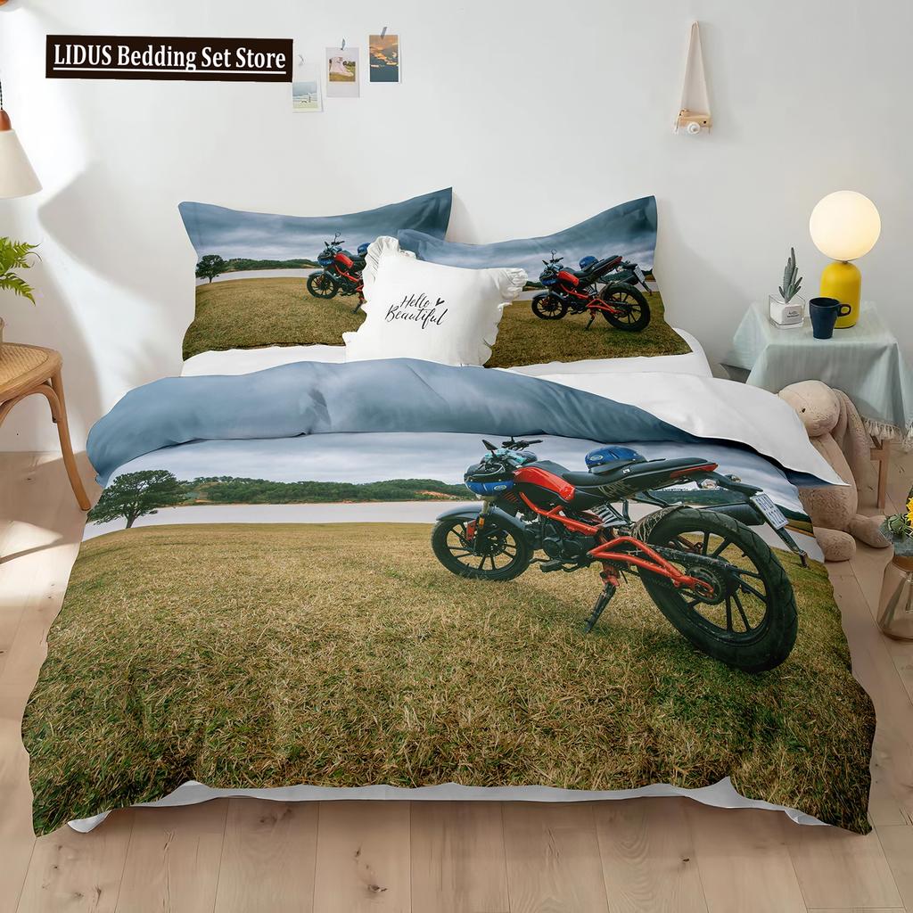 Dirt Bike Duvet Cover Set 3D Racing Motocross Bedding Set For Teen Motorcycle Rider Extreme Sports Polyester Comforter Cover