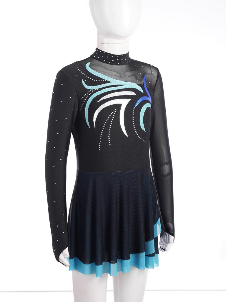 Kinder Mädchen Eiskunstlauf Tanz Performance Kleider Strass Mesh Patchwork Langarm Mock Neck Kleid Dancewear