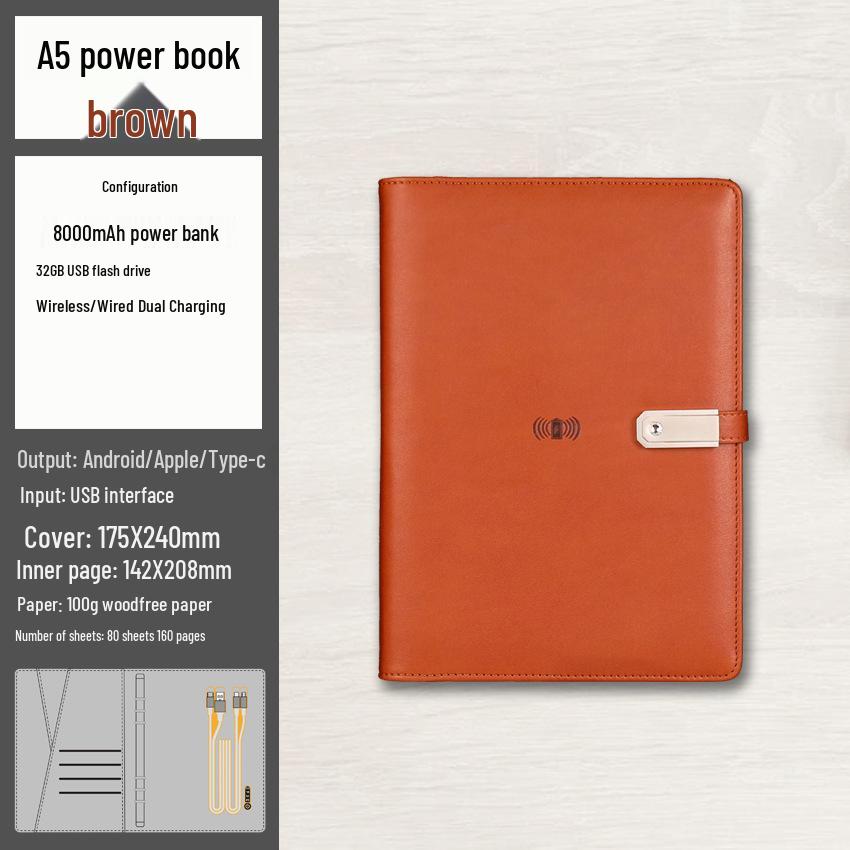A5 Multi-Function Notebook Gift Set with USB & Wireless Charger - Customizable Logo Option