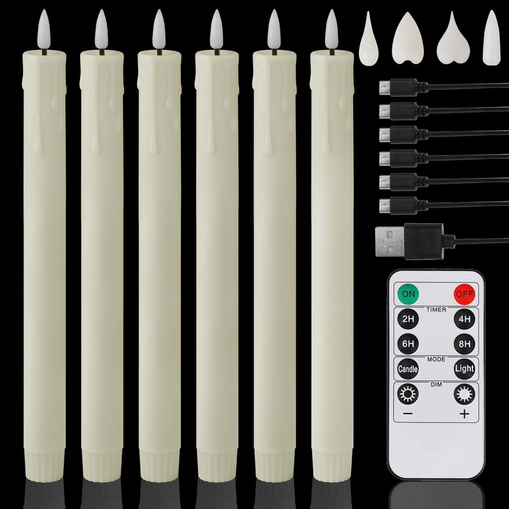 Pack of 12/24pc Flameless Flickering Ivory Taper Candles with Remote Battery Operated LED 3D Wick Candle Christmas Wedding Decor
