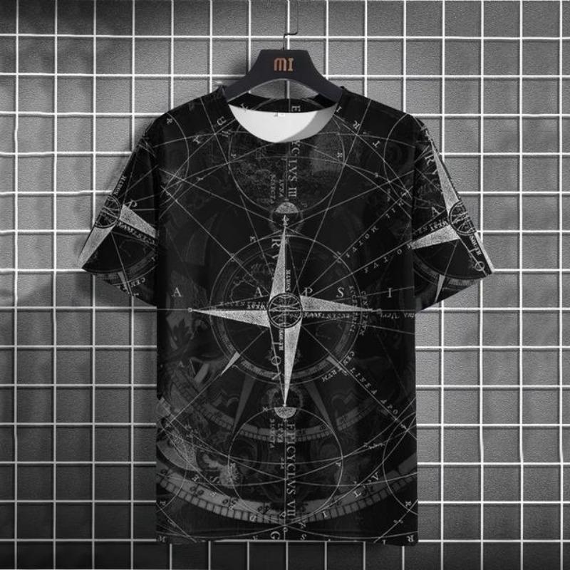 Vintage Men's T-shirt Summer American Shirt Tops Compass Printed Short-sleeve Tees Loose Daily Men Clothing Casual Streetwear