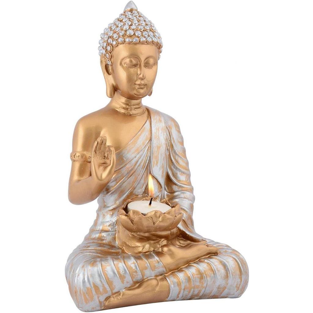 Meditating Sitting Buddha Statue Showpiece Idol Home Decor Living Room Gifts Decorative Showpiece - 27 Cm  (Resin, Copper)