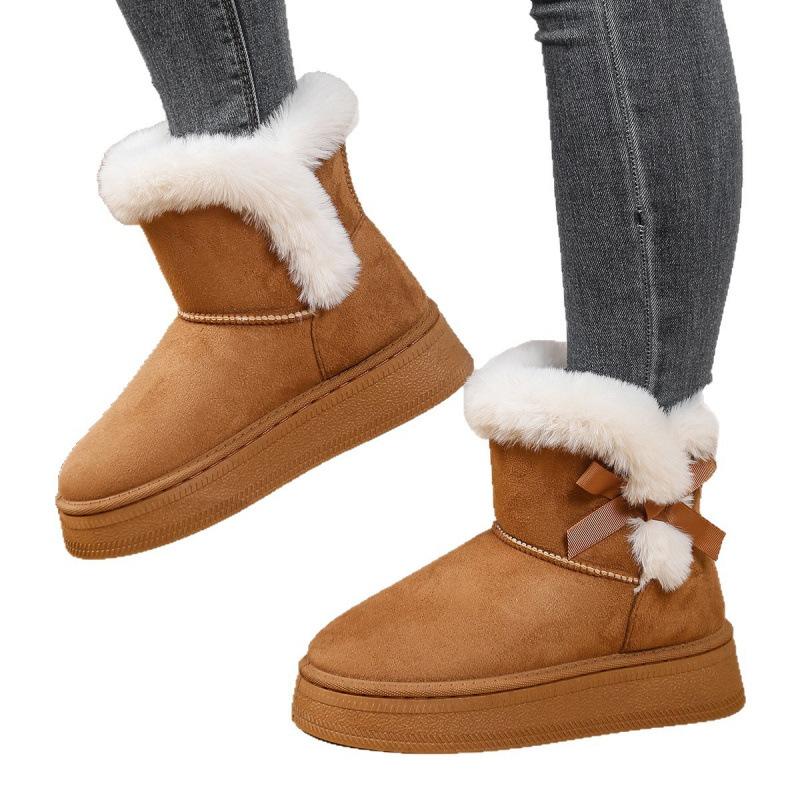 Bow Fluffy Snow Boots Winter New Thick-soled Cotton Boots Piled Thickened Warm Cotton Shoes Large Size