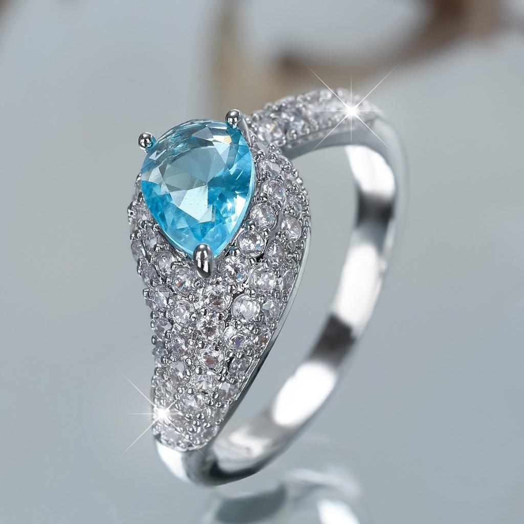 Ins Burst Full of White Diamond Water Drop Sea Blue Zircon Ring, Shining Exquisite Temperament Ring
