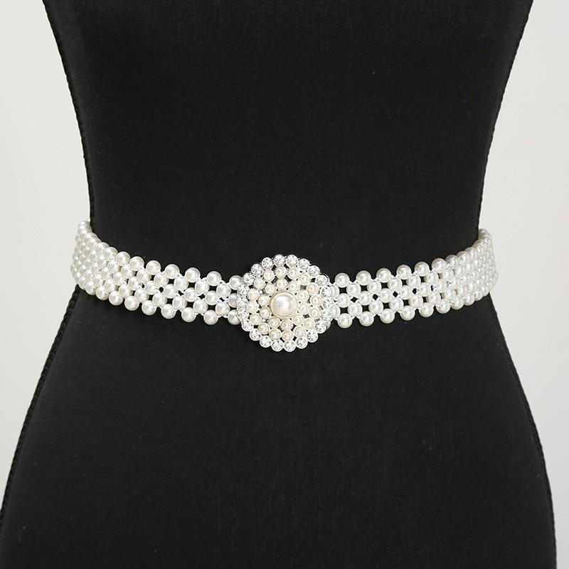 Ladies' Elastic Thin Waistband With Pearl  Waist Chain Simple Korean Style Drawstring Belt Women Apparel Accessories