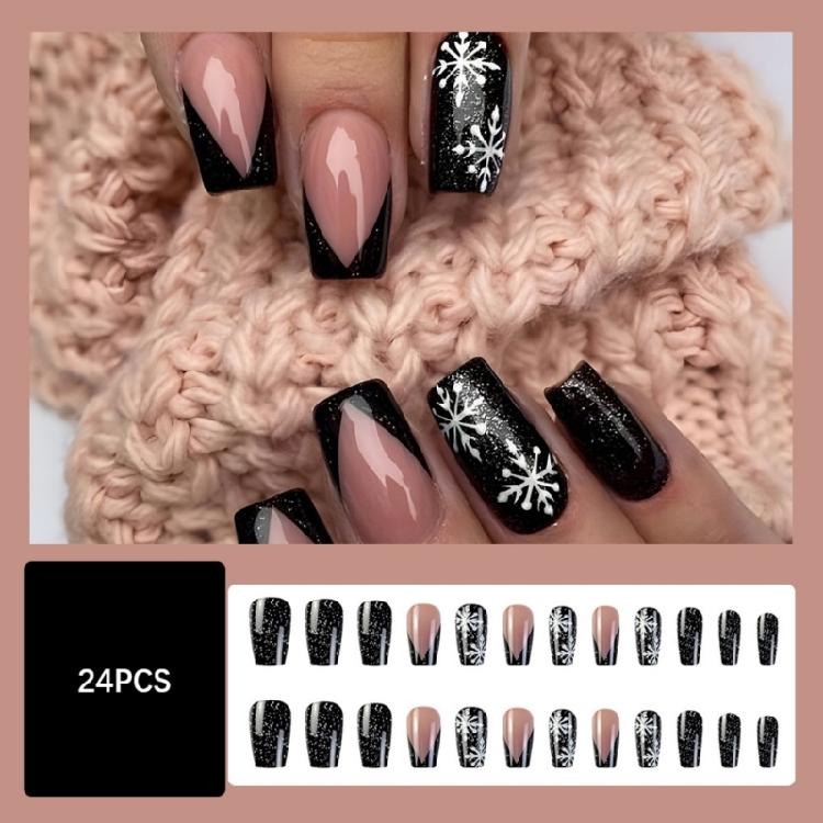 

24pc Christmas Snowflake Press On Nail Black Winter Artificial Nail With Quick Application For Festive Celebrations
