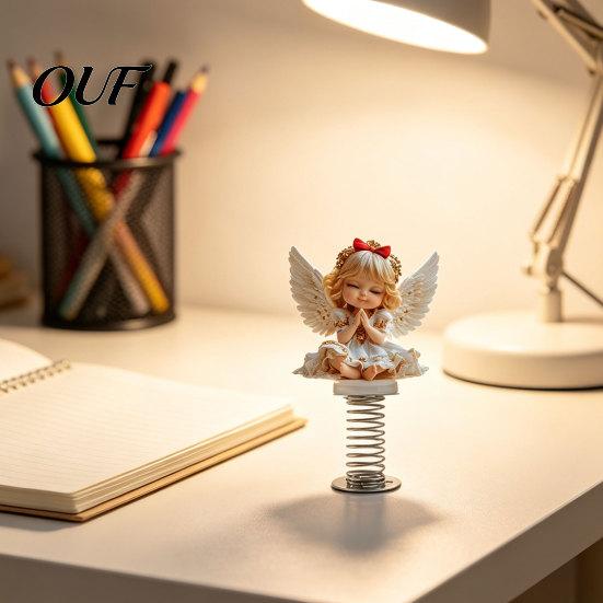 Angel Elf Car Ornaments Girl Spring Ornament, 2D Double Sided Acrylic Dashboard Bouncing Praying Decor with Adhesive Base, Cute Figurine for