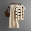 Fashion Suit Women's Summer New Striped Knitted Sweater Top + High Waist Wide Leg Pants Casual Two-piece Set