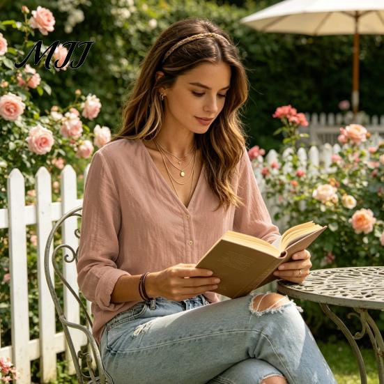 Early Autumn Women Shirt V-Neck Long Sleeves Shirt, Solid Color Button Front Cotton Casual Linen Blouse, Breathable Loose Fit Top for Daily