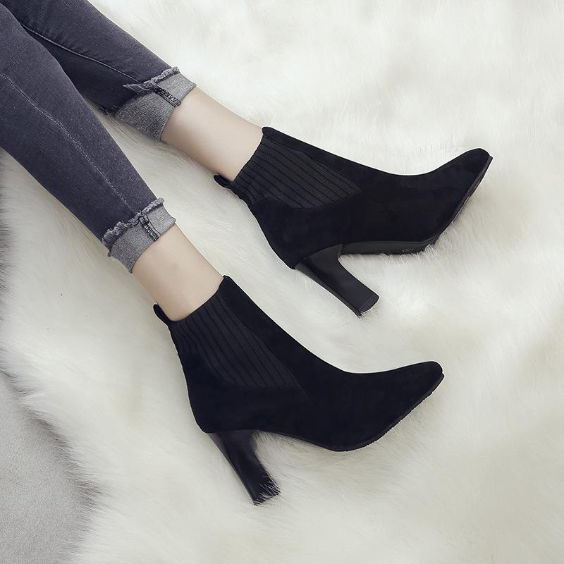 Women's Suede Round Toe Chunky Heel High-Heeled Ankle Boots, Elastic Sock, Nude, British Style.