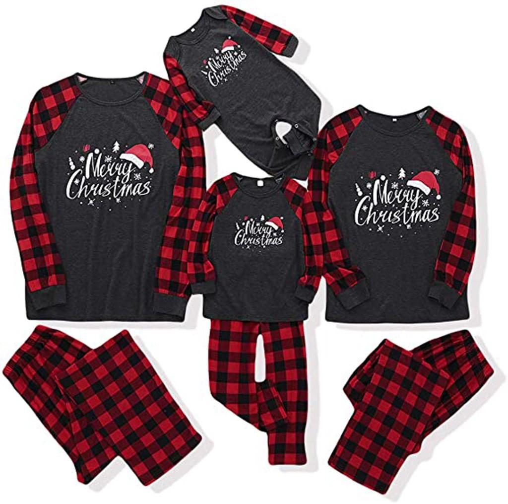Christmas Man  Letter Plaid Print Top Blouse+Pants Family Clothes Pajamas