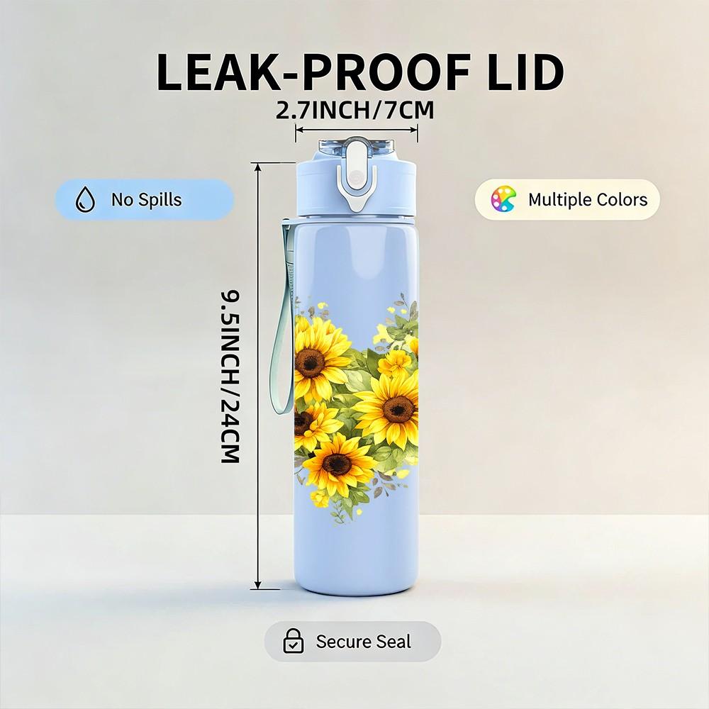1PC Sunflower Yellow Flower Heart Print 750ml Color Plastic Sports Water Bottle Leakproof Flip Straw Lid Suitable for Sports Office Home Use