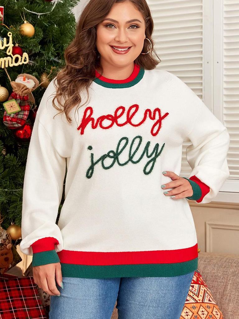 2025 Winter Plus Size Women's Color Block Thick Sweater - European American Fashion Round Neck Pullover