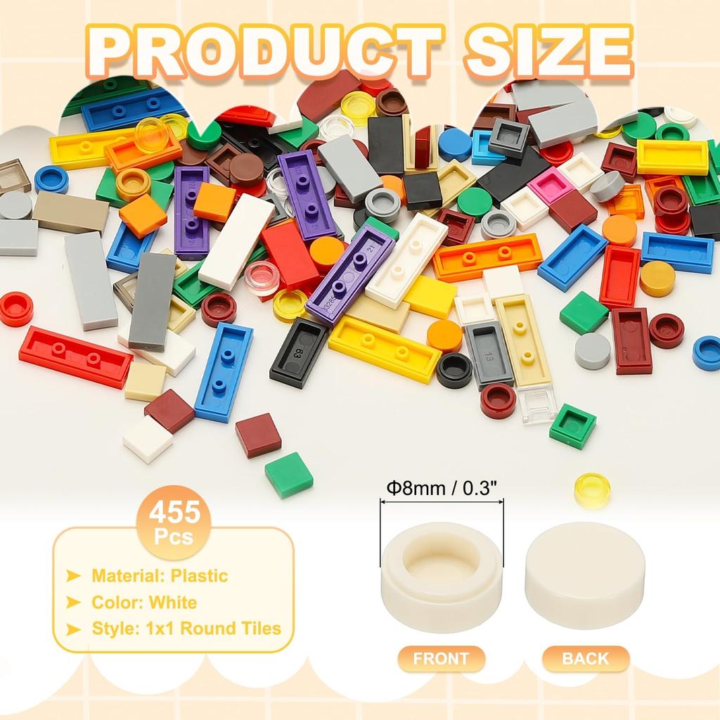 PATIKIL 455pcs Bulk Flat Blocks, 1x1 Round White Classic Tiles, Smooth Surface Mini Building Block Accessories for Building Floors, Walls, Mosaics,