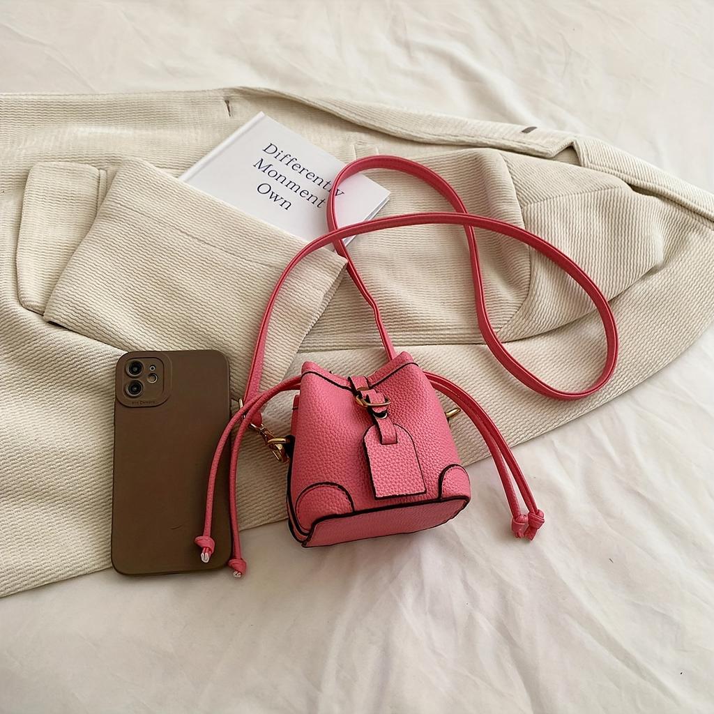 Trendy Color Block Mini Bucket Bag For Girls Cute PU Leather Crossbody Bag Lightweight Drawstring Shoulder Bag For School Parties