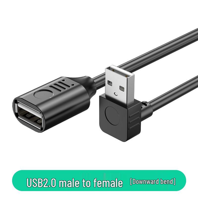 USB 2.0 Male To Female 90° Elbow Extension Cable for Charging, Car Use - Up, Down, Left, Right Orientation