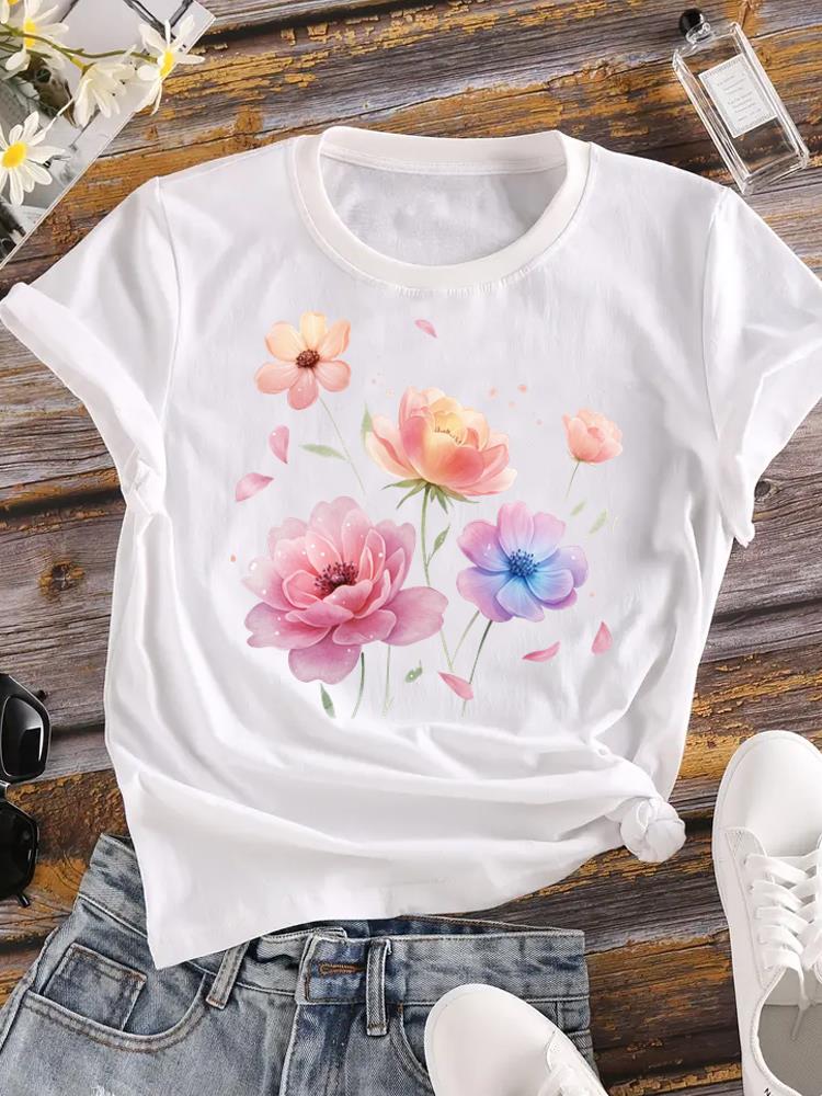 (Asian Size)  Tee Women love heart plant trend cute Clothing Casual Top Short Sleeve T Shirt Fashion Print Lady Female Graphic T-shirts