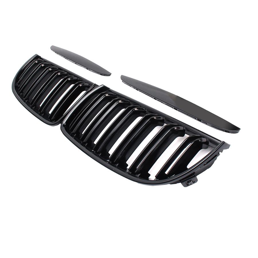 1 Pair Front Gloss Black 2 Line Double Slat Kidney Grille Grill For BMW E90 E91