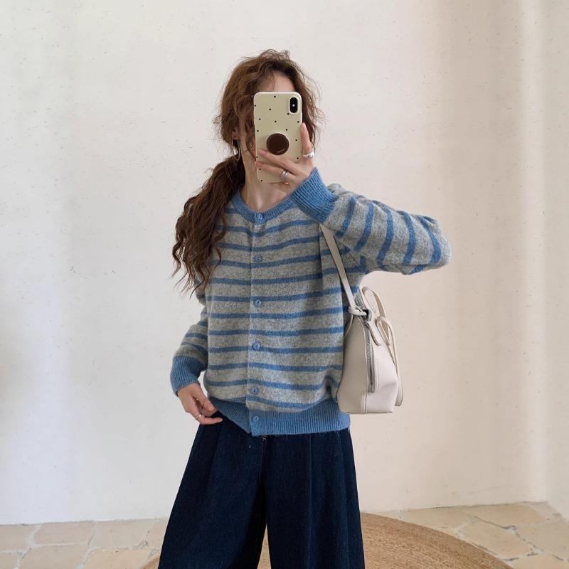 New round neck simple striped design single-breasted long-sleeved loose cardigan women's basic cardigan
