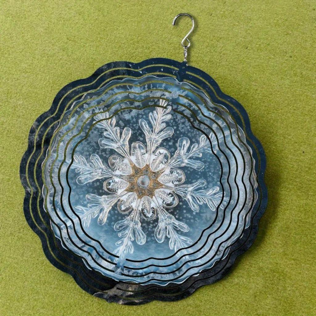 10 Inch Snowflake Wind Spinner for Garden Patio Decor with Frosted Glass Design 360 Swivel Hook All Season Outdoor Metal Art Winter Wonderland Gift