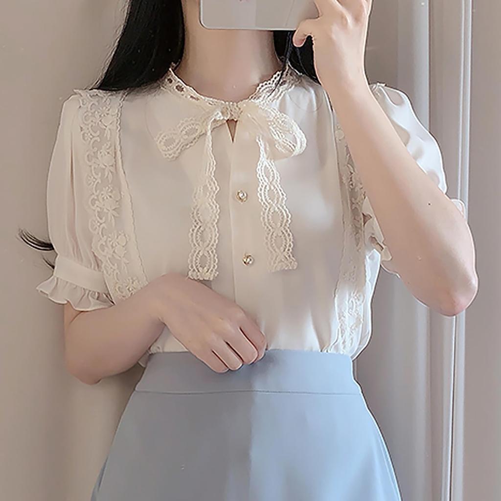 Lace Bowtie Blouse for Short Girly M [XHSUKADO] Women, Sleeve, Ruffled, Ribbon, Women's Blouse, Stylish, Mass-Produced Top, French, Style, Shirt,