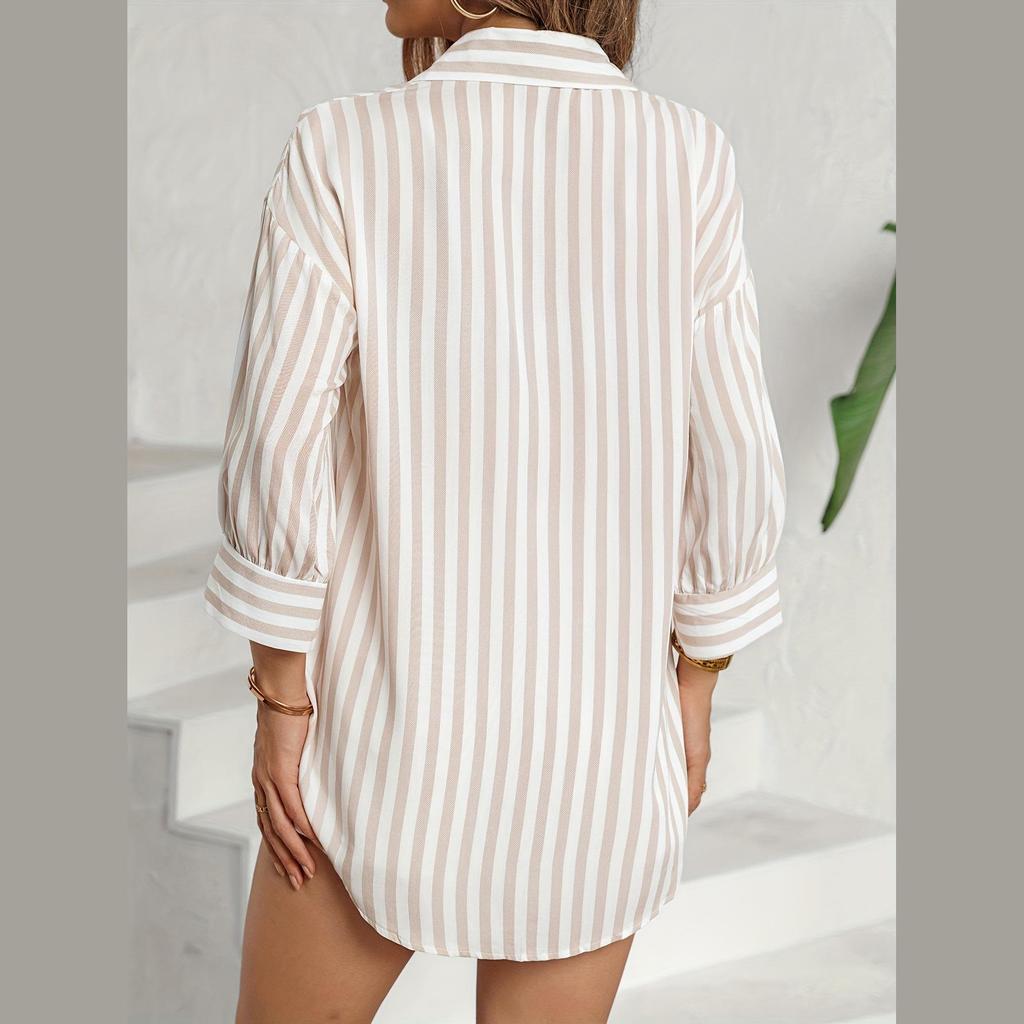 2025 Summer European & American Stripe Pocket Long Sleeve Single-Breasted Shirt Dress