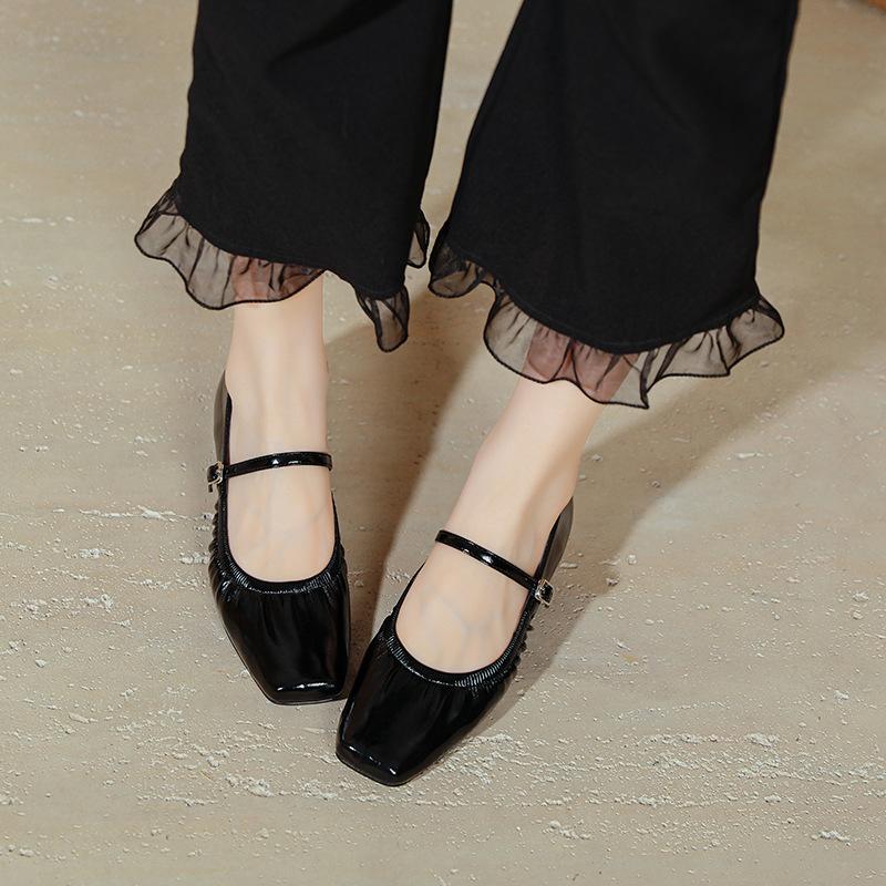 Korean Grandma Shoes Niche Wrinkled Square Toe Women's Shoes Thick Heel Mary Jane Shoes Casual Shallow Mouth Single Shoes