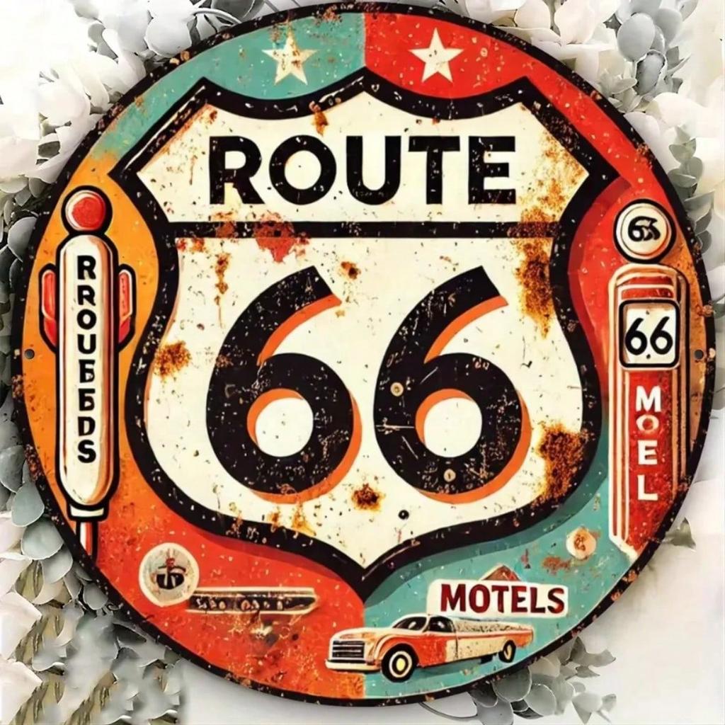Vintage Route 66 Metal Poster, Wall Decor for Living Room