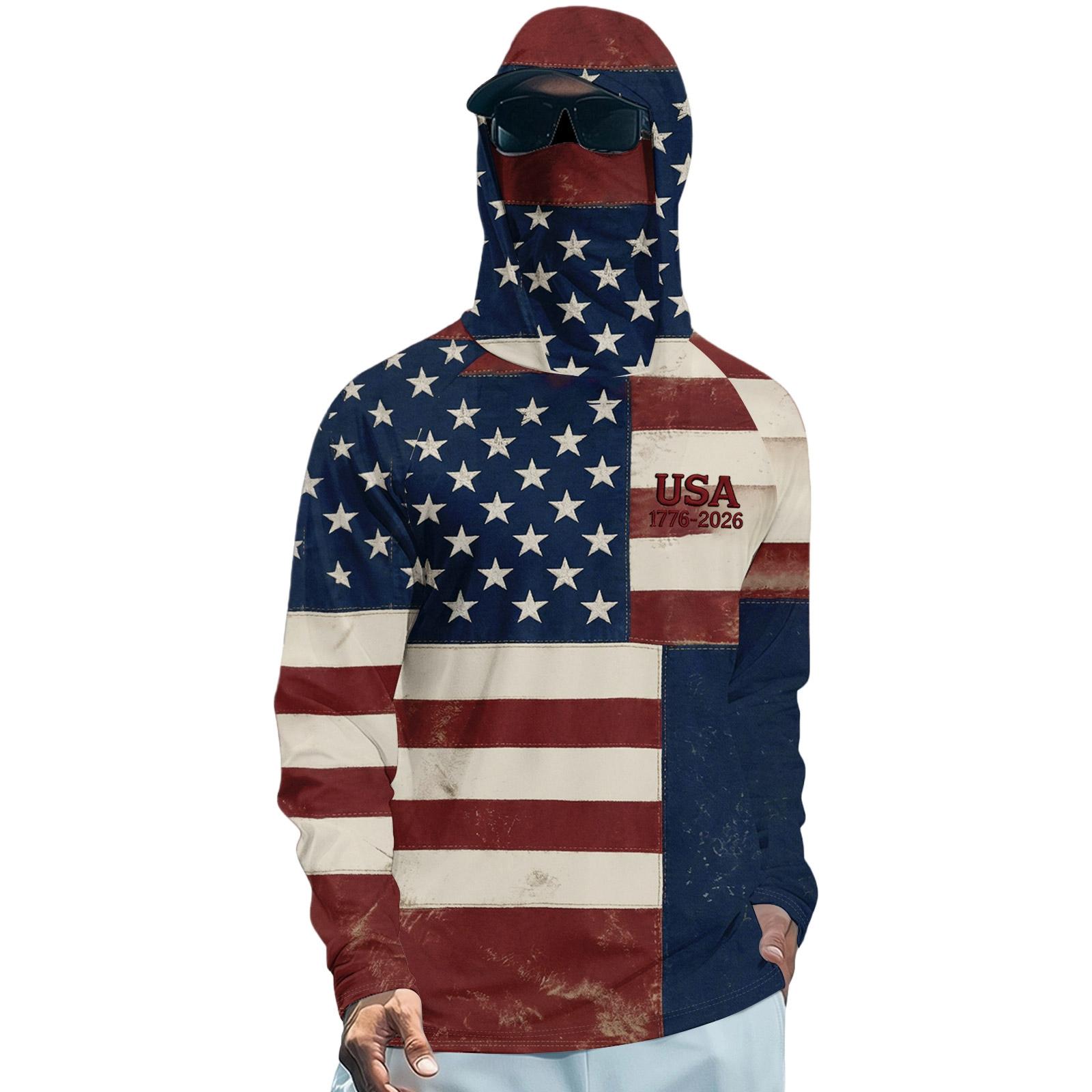 

Long Sleeve Hooded Shirt with USA Flag Print Lightweight Pullover Top Casual Fit Soft Material for Everyday Wear L кавовий