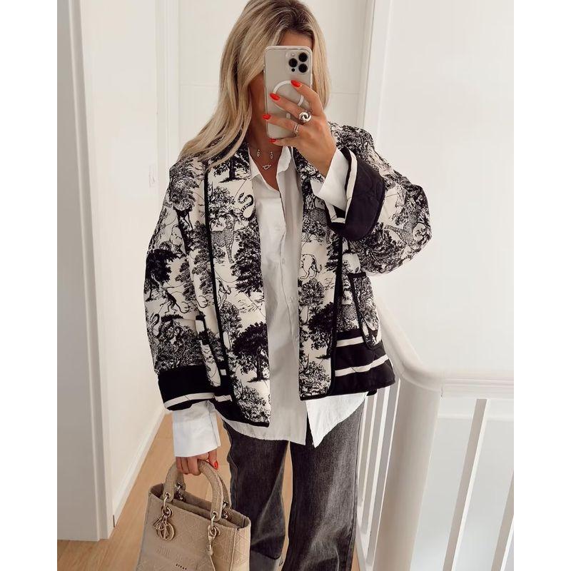 

Retro Atmosphere Ink Painting Profile Loose Cotton Coat Ink painting black Print XS