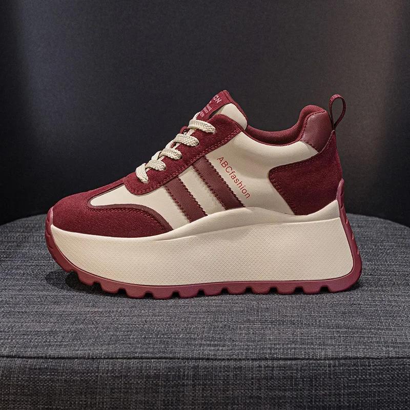 Fashion Top quality 8cm Genuine Leather Platform Wedge Women Spring Autumn Chunky Sneakers Shoes Breathable Comfortable Vulcanize boots