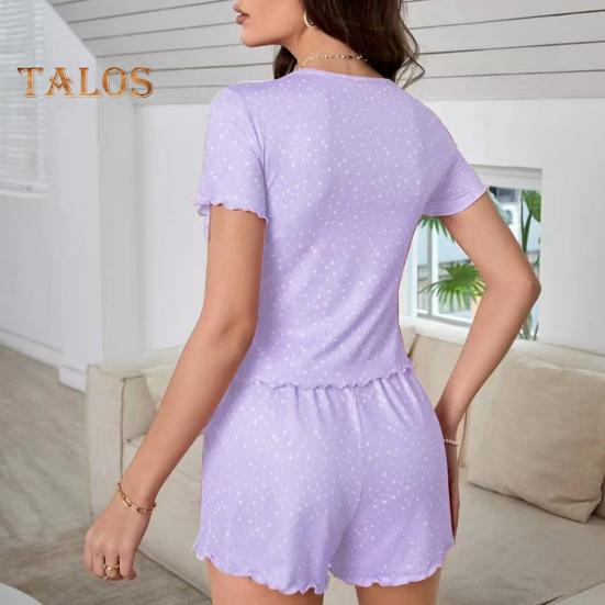 Dam Pyjamas Set Kortärmad Rundhalsad Topp Elastisk Midja Dragsko Shorts Volang Lounge Set Sommar 2 Delars Sovklädesset
