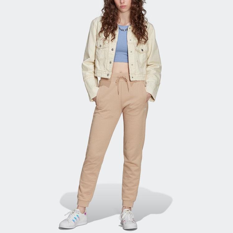 Adidas Originals Solid Color Logo Embroidered Drawstring Cuffed Sweatpants Women Bottoms Light-Brown HJ7856