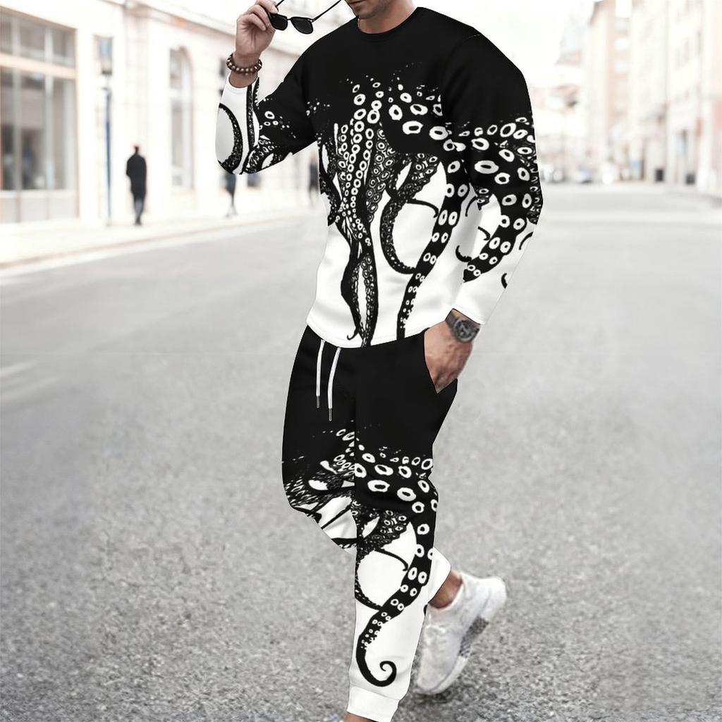 Men Black Cyan Brush Stroke Drip Gradient Print Long Sleeve Sweatshirt Jogger Pants Two Piece Suit