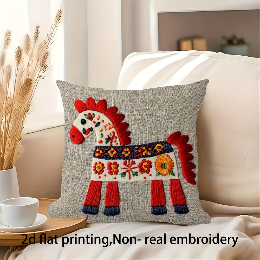 2D flat- Bohemian Folk Art Horse Print Linen Throw Pillow Cover Home Decor Cushion Case for Sofa Couch Bedroom