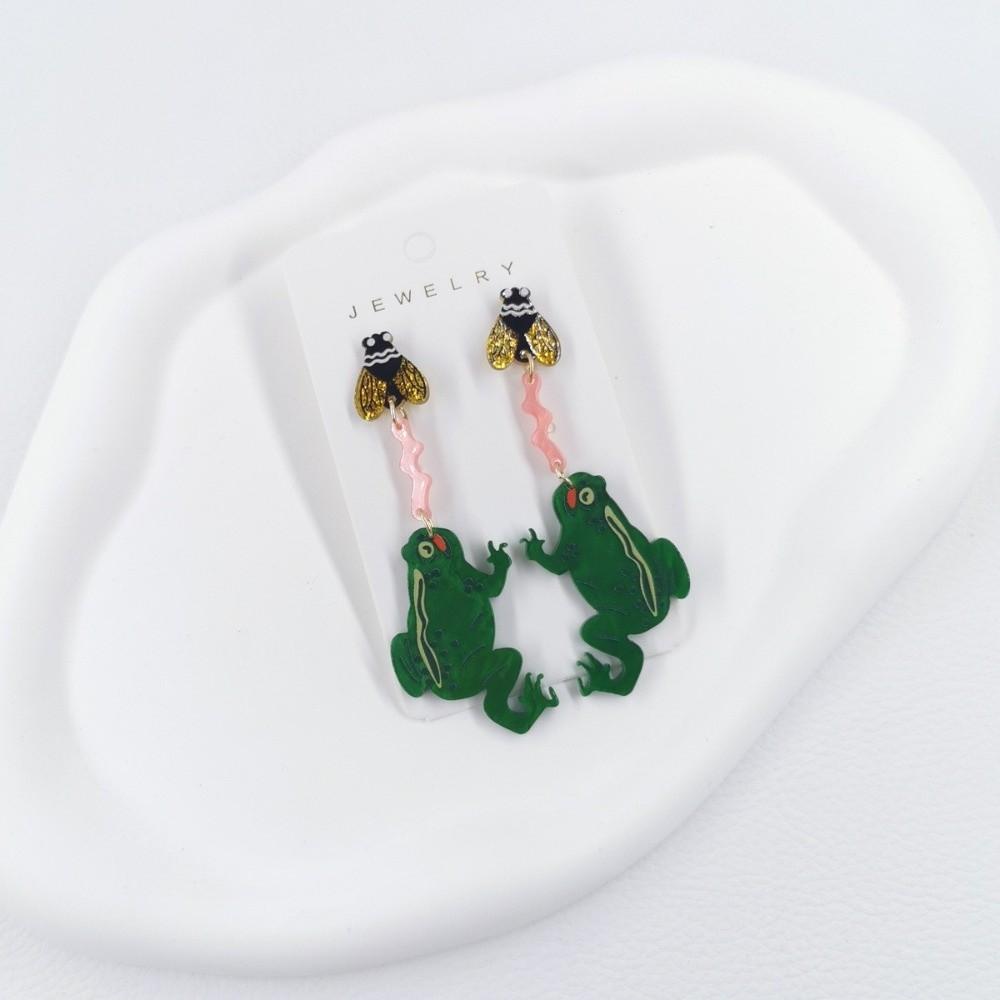 Exaggerated Eating Flies Frog Acrylic Earrings Mosquitoes Long Dangle Earring Funny