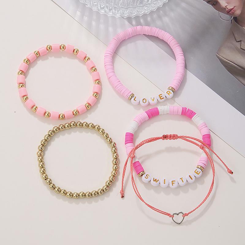

1 комплект, комплект браслетов Swiftie в стиле бохо с буквами для женщин, розовый круглый регулируемый браслет дружбы ручной работы с милыми красочными буквами и бисером