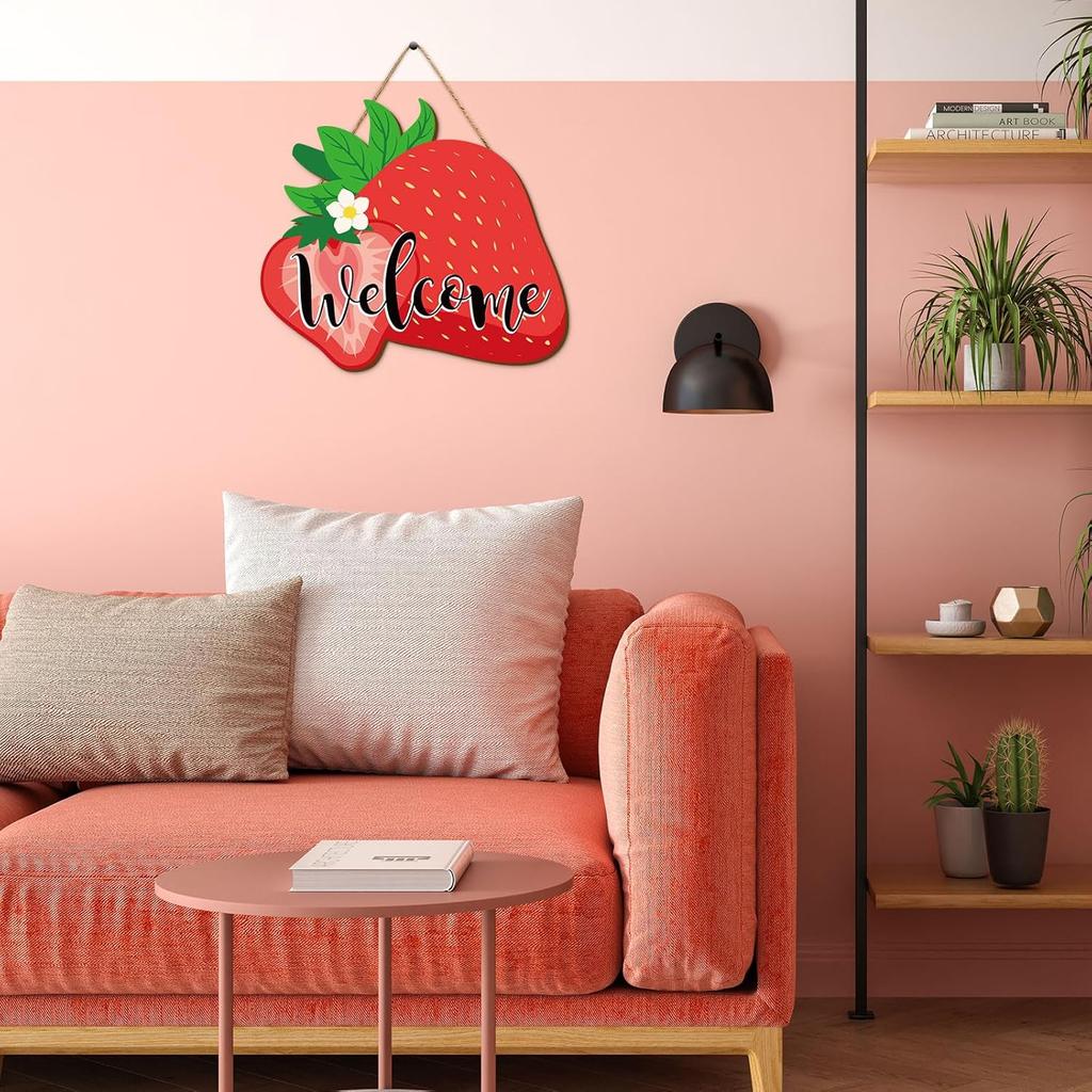 Whaline Strawberry Wooden Hanging Welcome Door Sign Summer Fruit Theme Wall Plague Seasonal Front Door Hook Sign Decoration Housewarming Gift Indoor