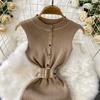 Summer Women Sleeveless Single Breasted Office Work Knitted Sweater Sheath Dresses with Belt