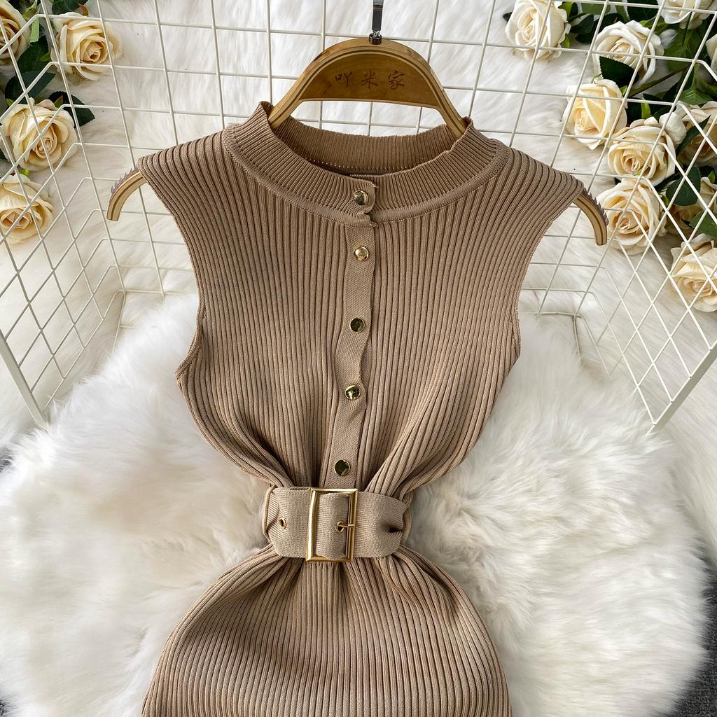 Summer Women Sleeveless Single Breasted Office Work Knitted Sweater Sheath Dresses with Belt
