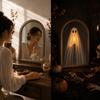2026 Halloween Light Up Ghost Mirror Novelty Ghost Holding Candle On Mirror USB Powered for Spooky Halloween Haunted House Decor