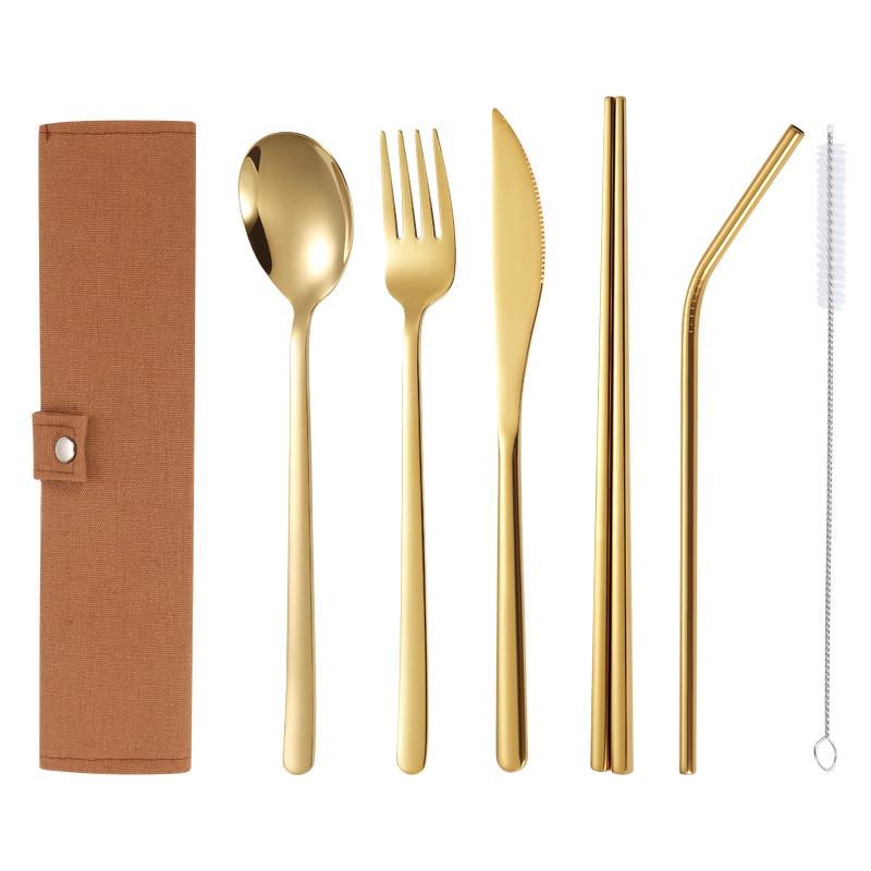304 Stainless Steel Tableware Sets, Portable Tableware Bag, Knife, Fork, Spoon, Chopsticks, Straw, Full Sets, 6Pcs