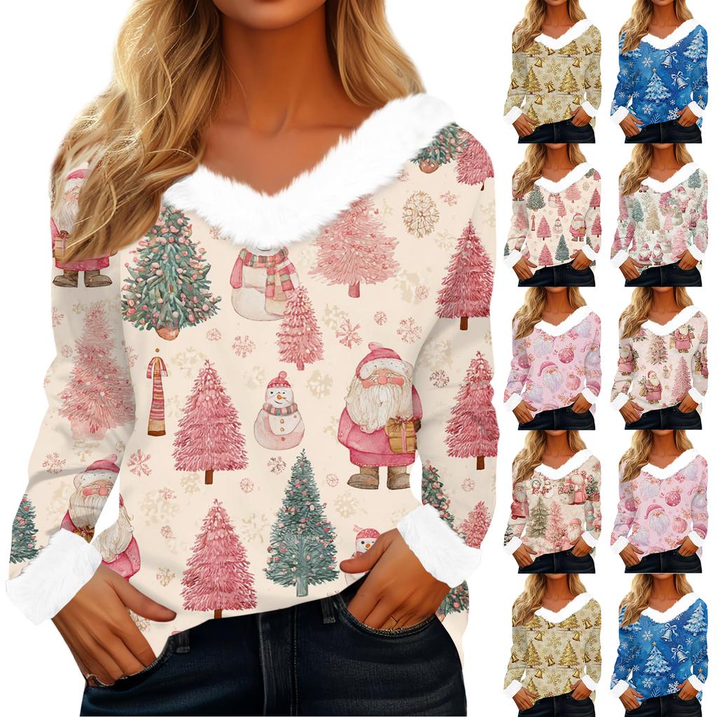 Women's T Shirt Tee Christmas Shirt Long Sleeve Party Christmas Print Fleece Collar V Neck Top