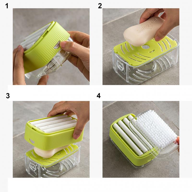 Cutie de săpun cu spumă 2 în 1, cu găuri de scurgere pentru perie, design cu arc, anti-alunecare, detașabilă din plastic, rolă moale, suport pentru săpun, instrumente de spălat rufe