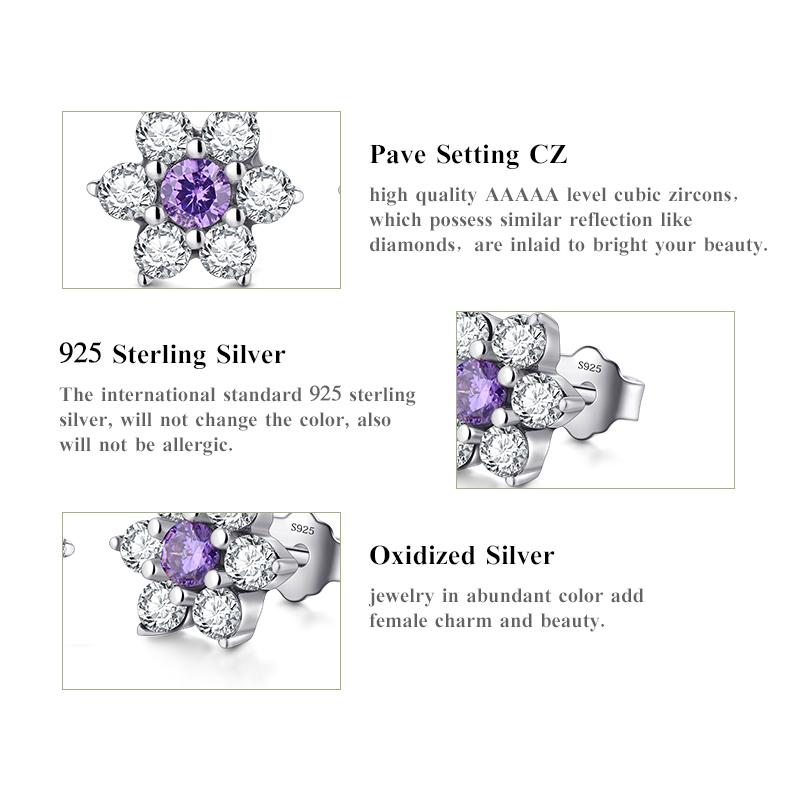Modian 925 Sterling Silver Flower Purple Crystal Stud Earrings Fashion CZ for Women Wedding Jewelry Gift