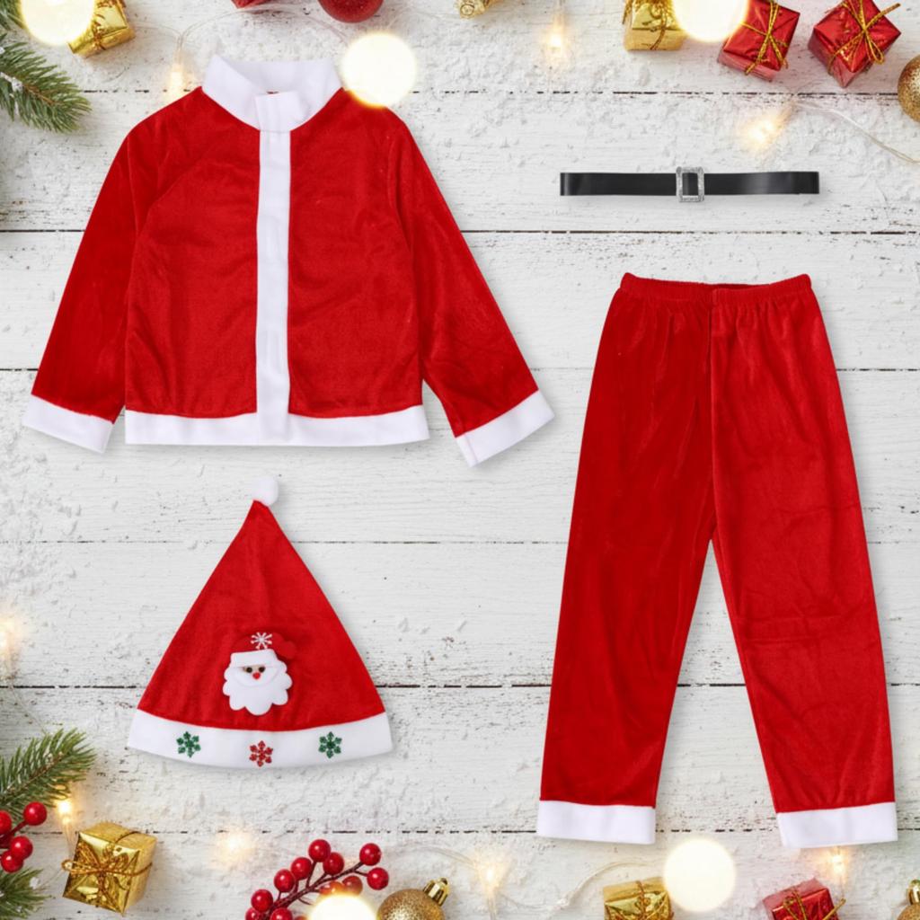 DONGRI Patch Shop Kinder Weihnachtsmann Kostüm, 4-teiliges Set, Mütze, Jacke, Hose und Gürtel, Weihnachtsoutfit (80 cm)